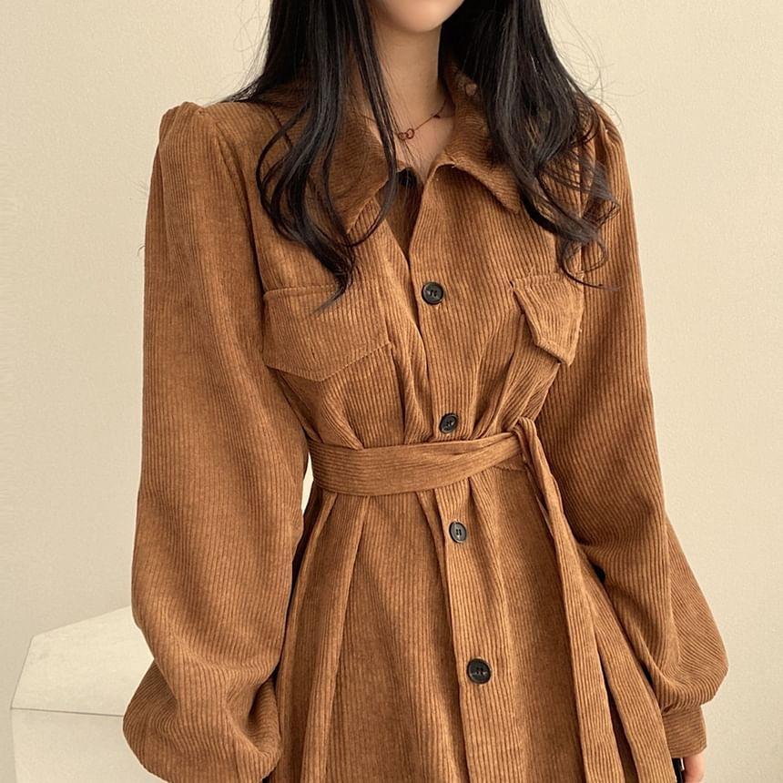 Collared Button-Up Plain Long Trench Coat Product Image