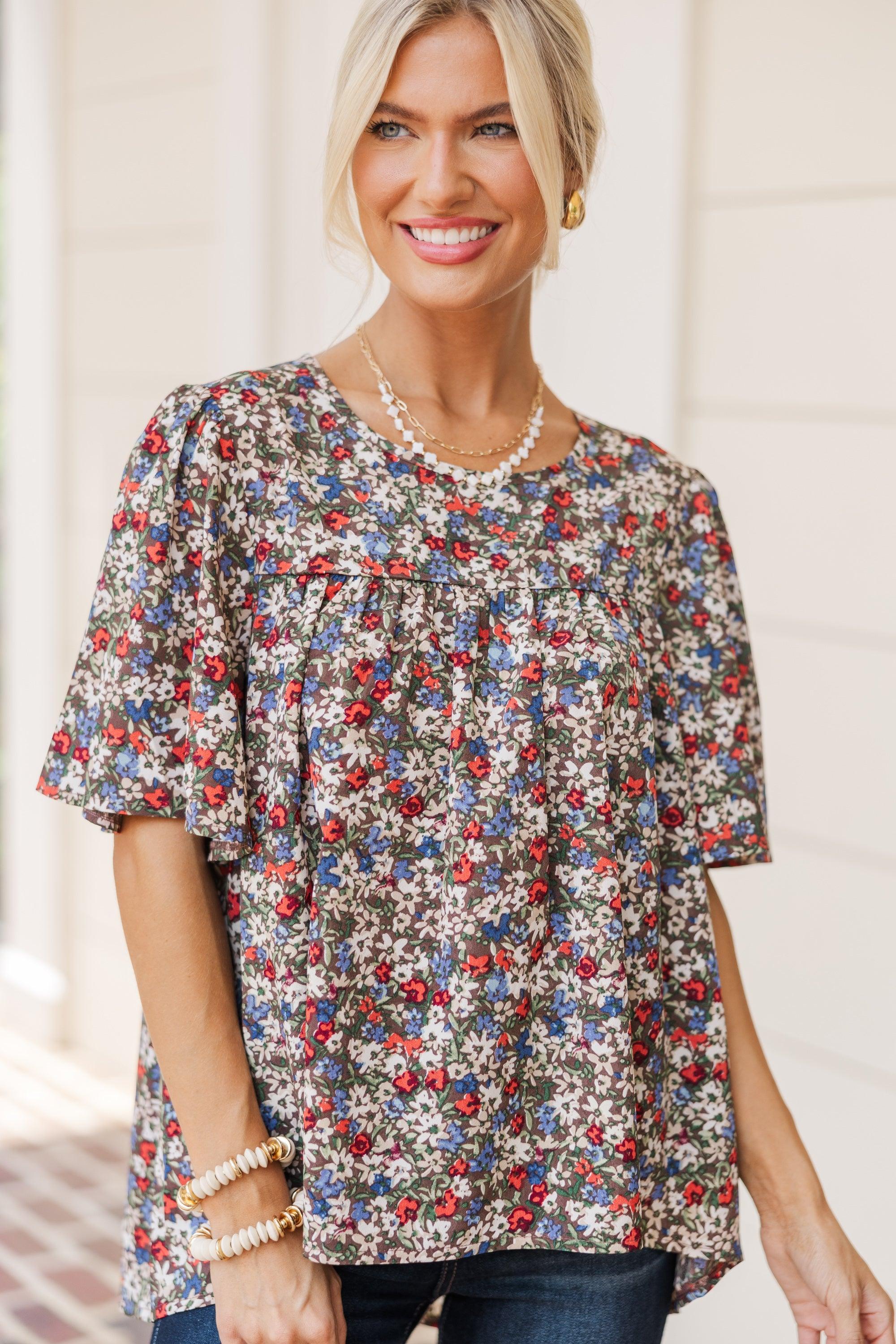 Walking Through Olive Green Ditsy Floral Blouse Female Product Image