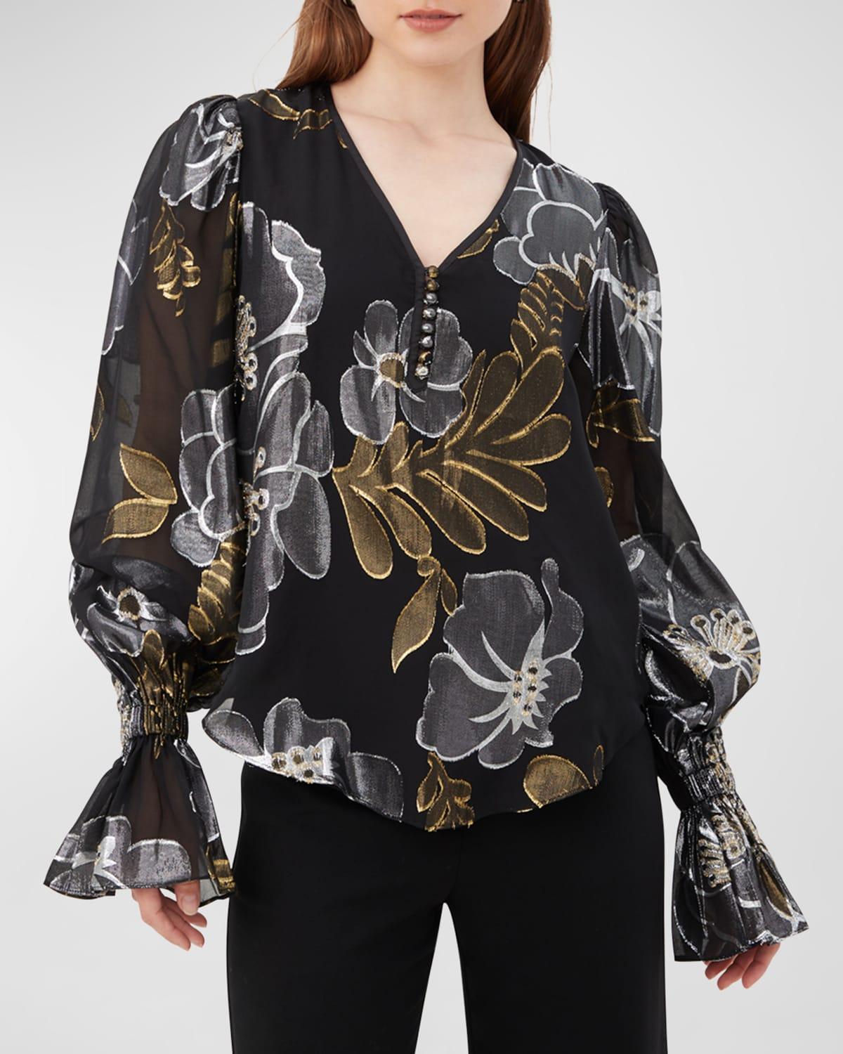 Trina Turk Kaito Metallic Floral Print V-Neck Long Balloon Sleeve Top Product Image