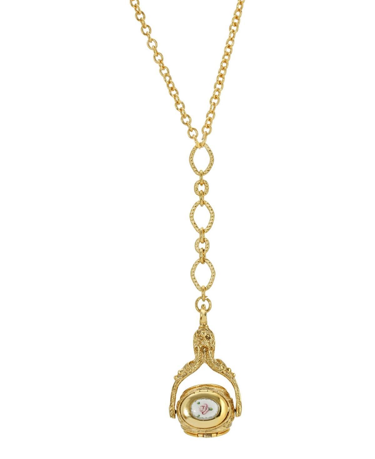 1928 Gold Tone Three-Sided Floral Spinner Locket Drop Necklace, Womens Product Image