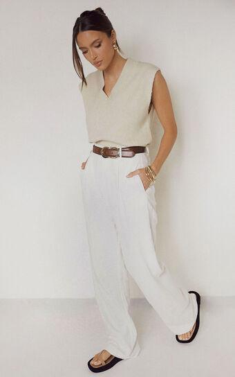 Larissa Trousers - Linen Look Mid Waisted Relaxed Straight Leg Trousers in White Product Image