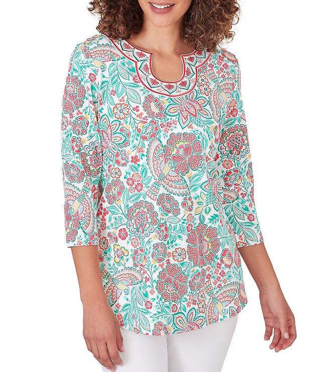 Ruby Rd. Petite Size Knit Embroidered Rainforest Parrot Horseshoe Neck 3/4 Sleeve Top Product Image