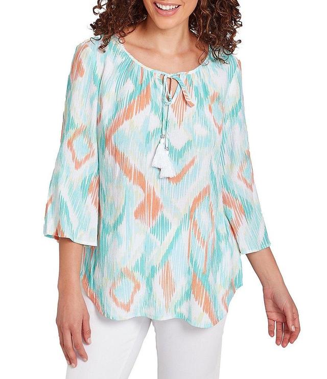 Ruby Rd. Petite Size Knit Polynesian Printed Tassel Tie Keyhole Scoop Neck 3/4 Sleeve Top Product Image