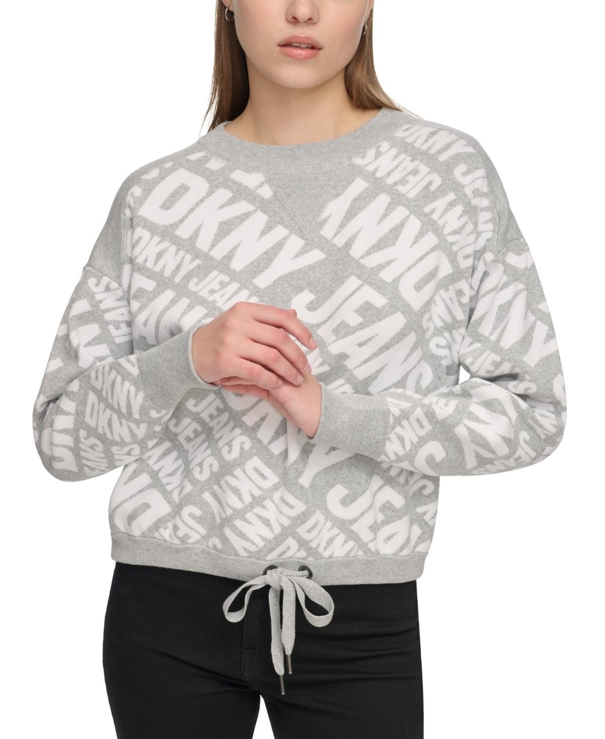 Dkny Jeans Womens Crewneck Drawstring-Hem Logo Sweater - Steel Grey Heather Product Image