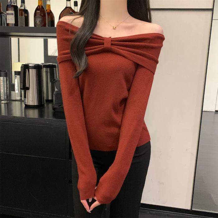 Off-The-Shoulder Long Sleeve Plain Ribbed Knitted Top Product Image