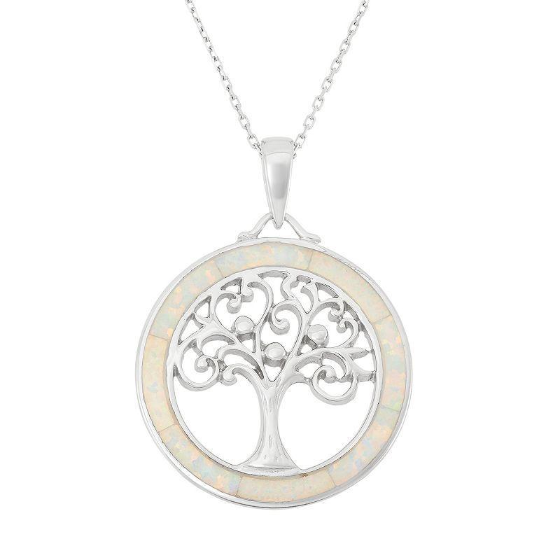 Lab-Created Opal Sterling Silver Tree of Life Pendant Necklace, Womens White Product Image