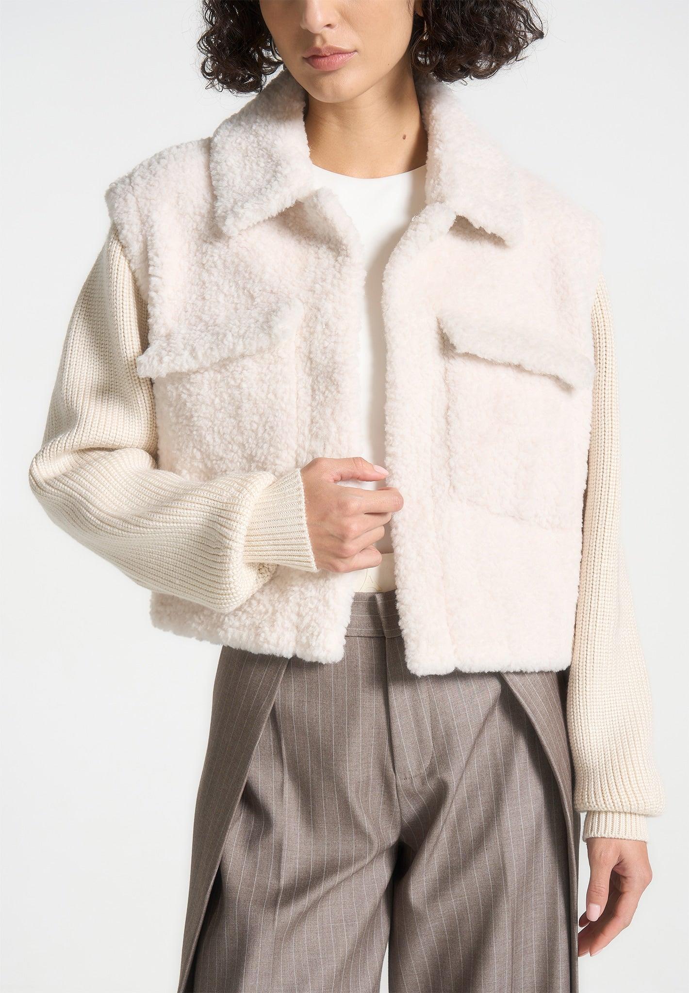 Plush Jacket With Knitted Sleeves - Cream Female Product Image