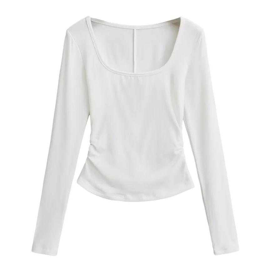 Long Sleeve Square Neck Plain Ruched Crop T-Shirt Product Image