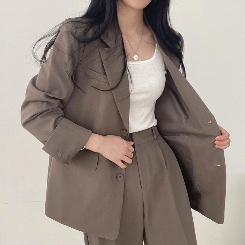 Lapel Collar Plain Single-Breasted Blazer / High Waist Wide Leg Dress Pants Product Image