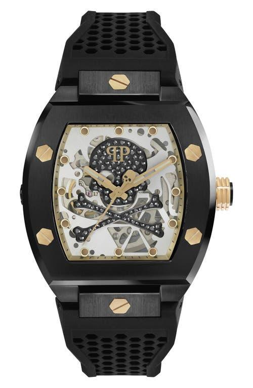 Philipp Plein Mens Automatic The $keleton Black & Gold-Tone Tonneau Strap Watch 44mm Product Image