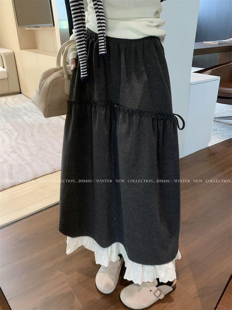 High Waist Plain Lace Trim Maxi A-Line Skirt Product Image