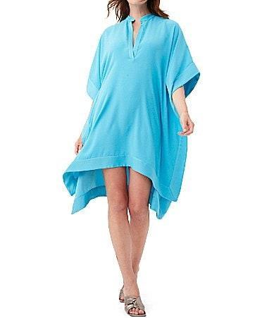 Trina Turk Landmark Silky Satin-Back Crepe Split V-Neck Short Dolman Sleeve Caftan Dress Product Image