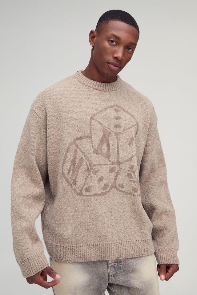 Oversized Boxy Dice Graphic Brushed Knitted Sweater | boohooMAN USA Product Image