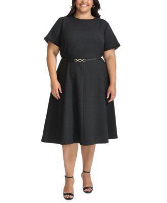 Plus Size Fringe-Trim Belted Fit & Flare Dress Product Image