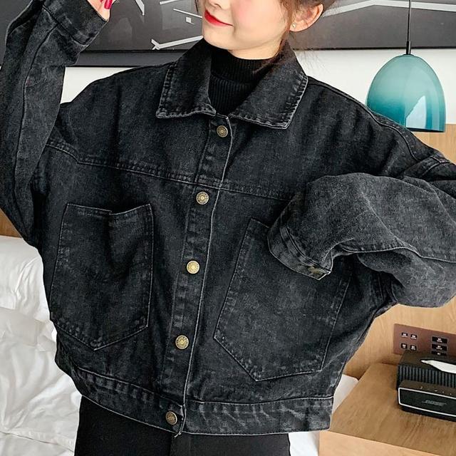 Collared Denim Button-Up Crop Jacket Product Image