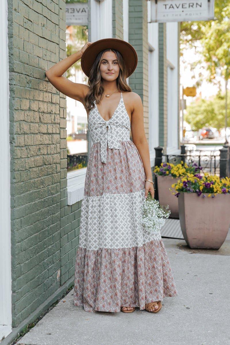 Cream Color Block Halter Maxi Dress Product Image