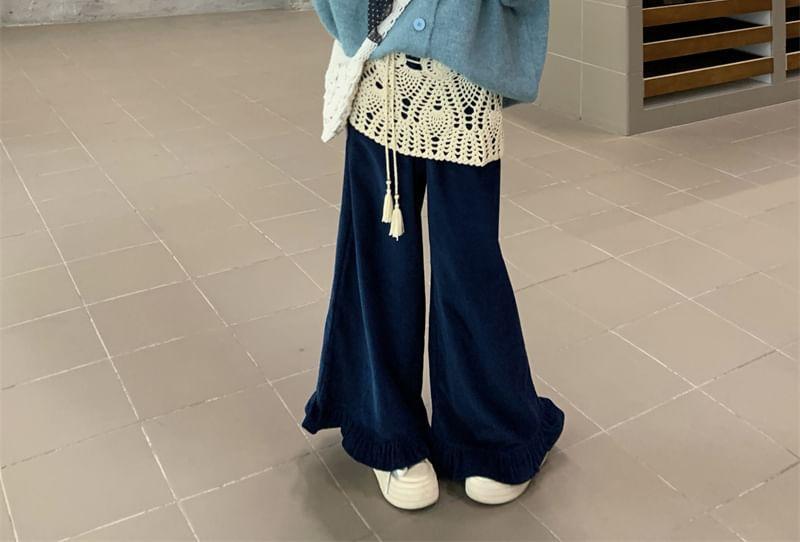 Bow Crew Neck Plain Button Cardigan / Knit Mini Skirt / Mid Waist Corduroy Wide Leg Pants Product Image