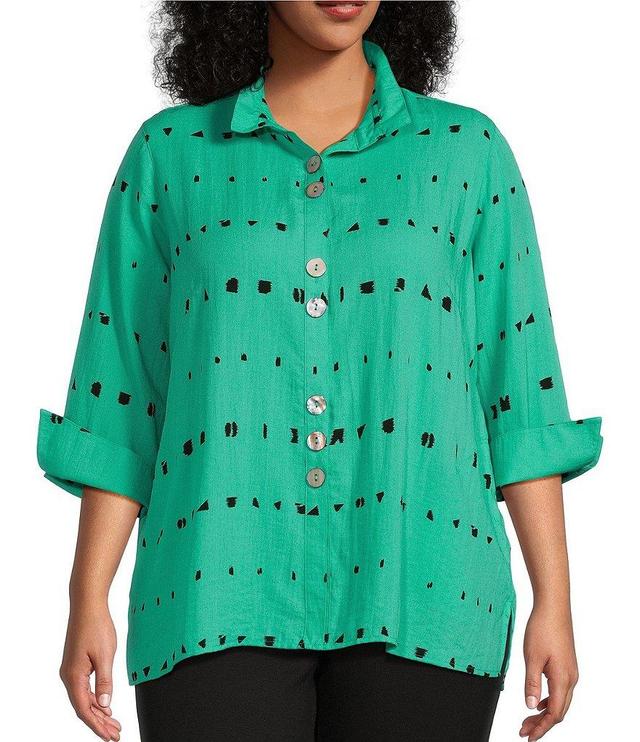 Ali Miles Plus Size Woven Ikat Stripe Print Wire Collar 3/4 Sleeve Button-Front Tunic Product Image