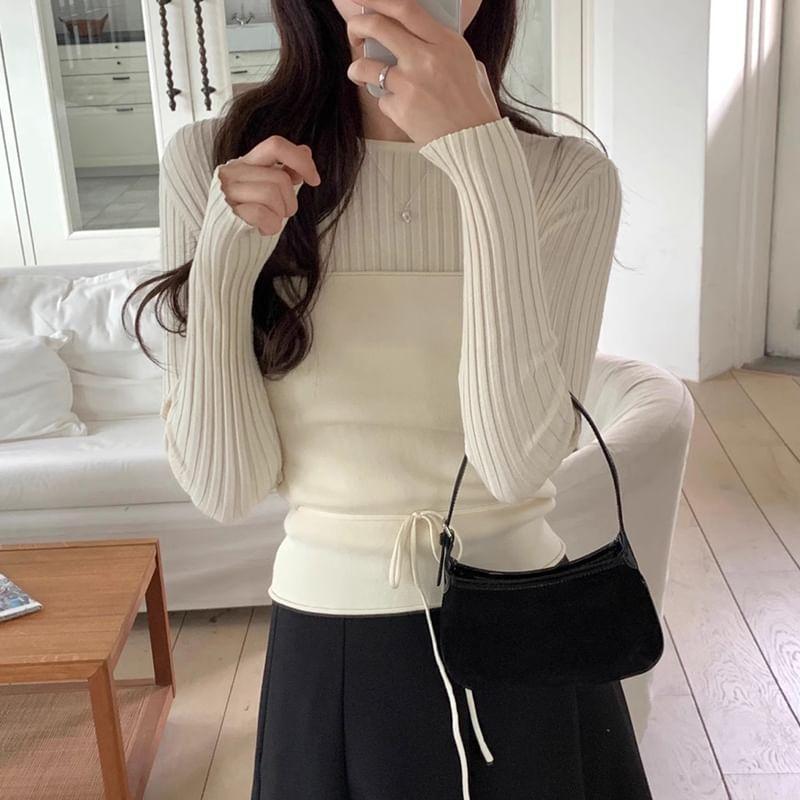 Set: Long Sleeve Round Neck Plain Ribbed Knit Top + Tube Top Product Image