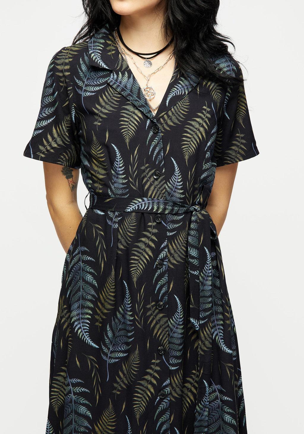 Frond Print Button Up Midi Shirt Dress Product Image