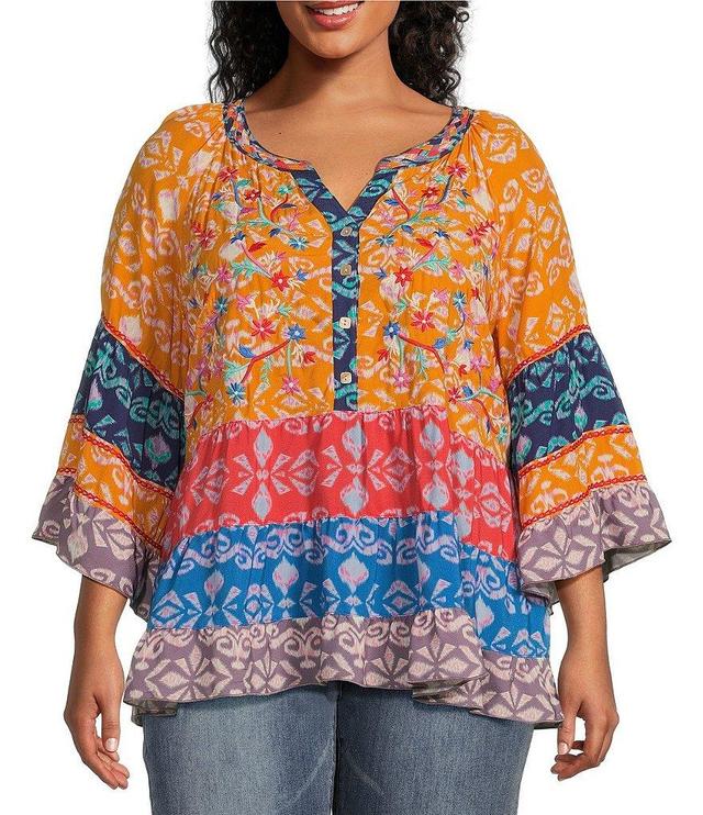 John Mark Plus Size Mix Print Embroidered Y-Neck 3/4 Sleeve Button Front Top Product Image