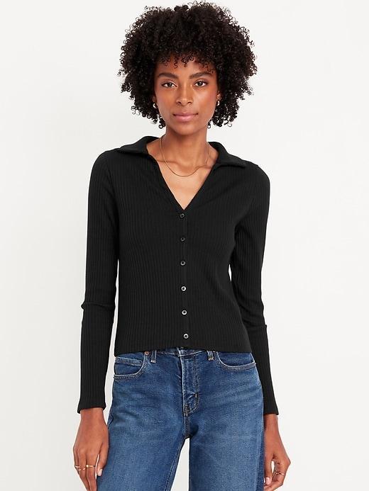 Slim Ribbed Button-Down Top Product Image