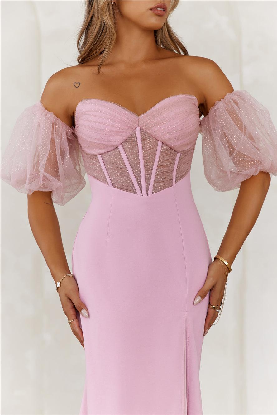 Champagne Soirée Off Shoulder Maxi Dress Pink Product Image