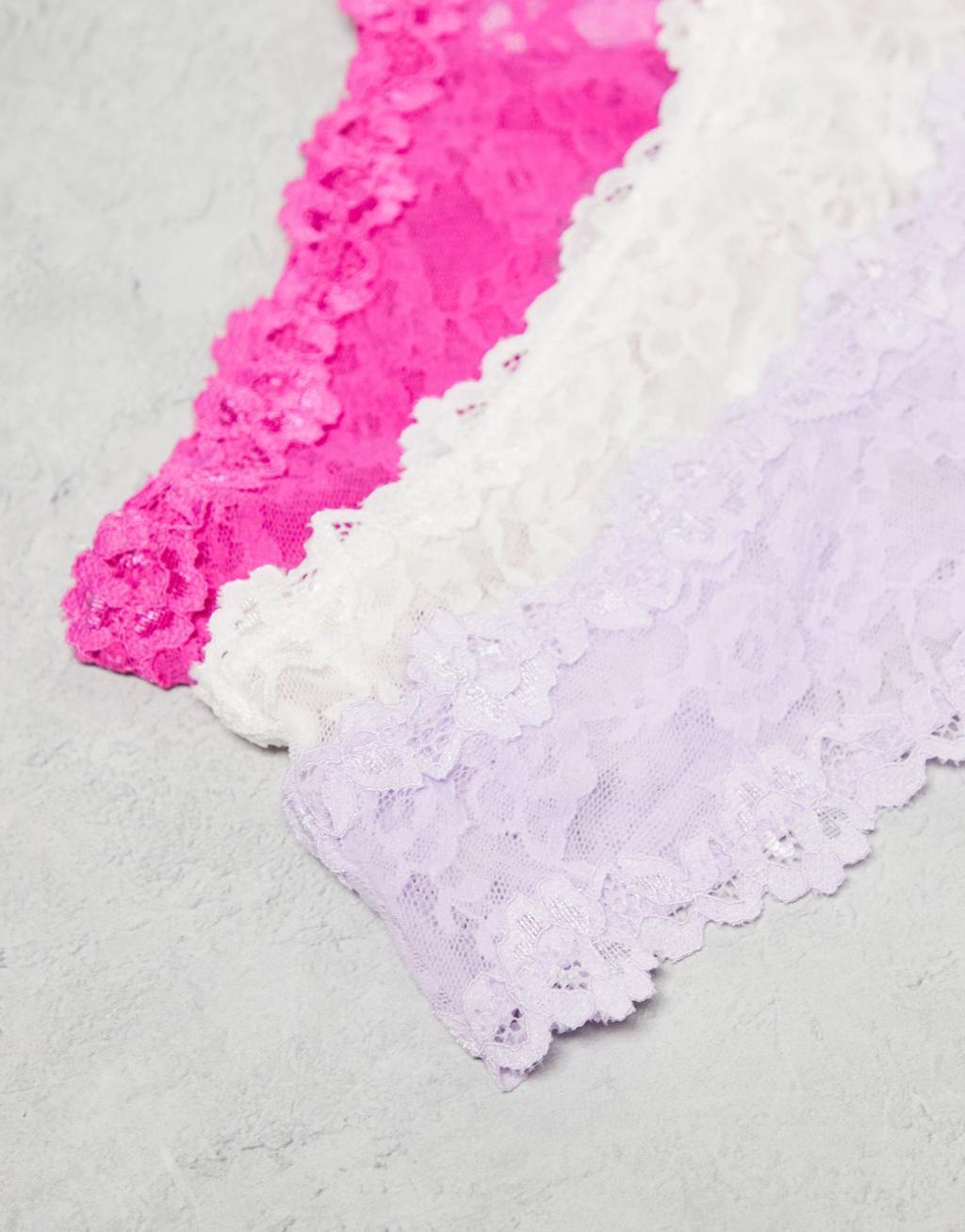 Cotton On stretch lace thong 3 pack in lilac pink cream  Product Image