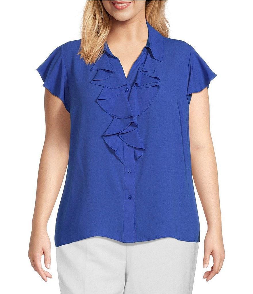 Calvin Klein Plus Size Georgette Point Collar V-Neck Short Sleeve Ruffled Button Front Blouse Product Image