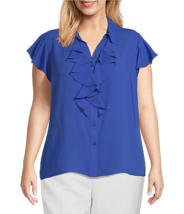 Calvin Klein Plus Size Georgette Point Collar V-Neck Short Sleeve Ruffled Button Front Blouse Product Image