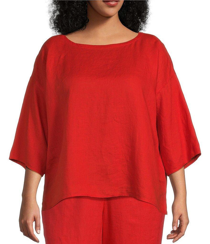 Eileen Fisher Plus Size Organic Linen Bateau Neck 3/4 Sleeve Boxy Coordinating Top Product Image