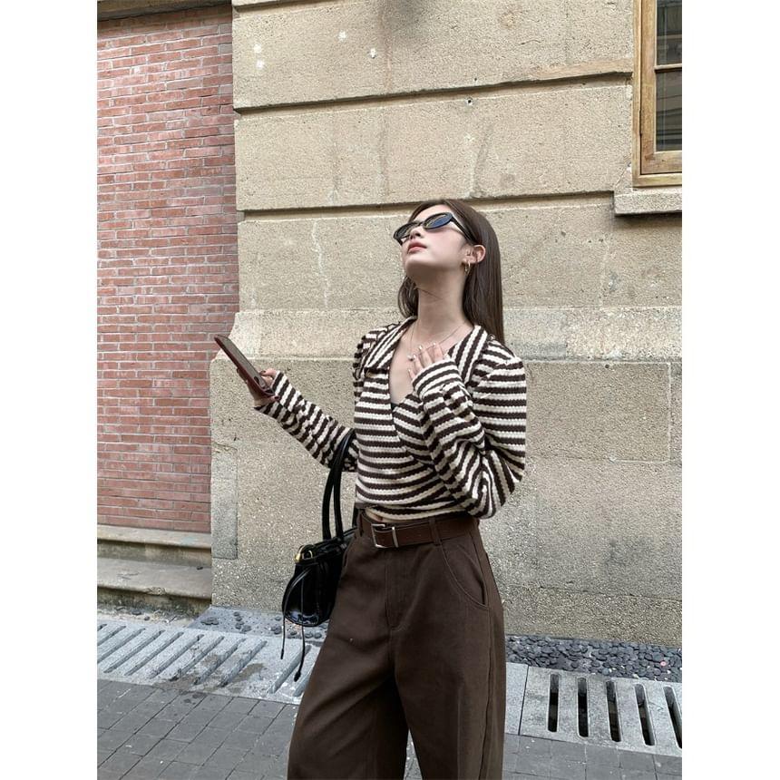 Long-Sleeve V-Neck Collared Striped Wrap Crop Top Product Image