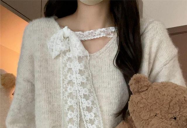 V-Neck Lace Ribbon Plain Sweater Product Image