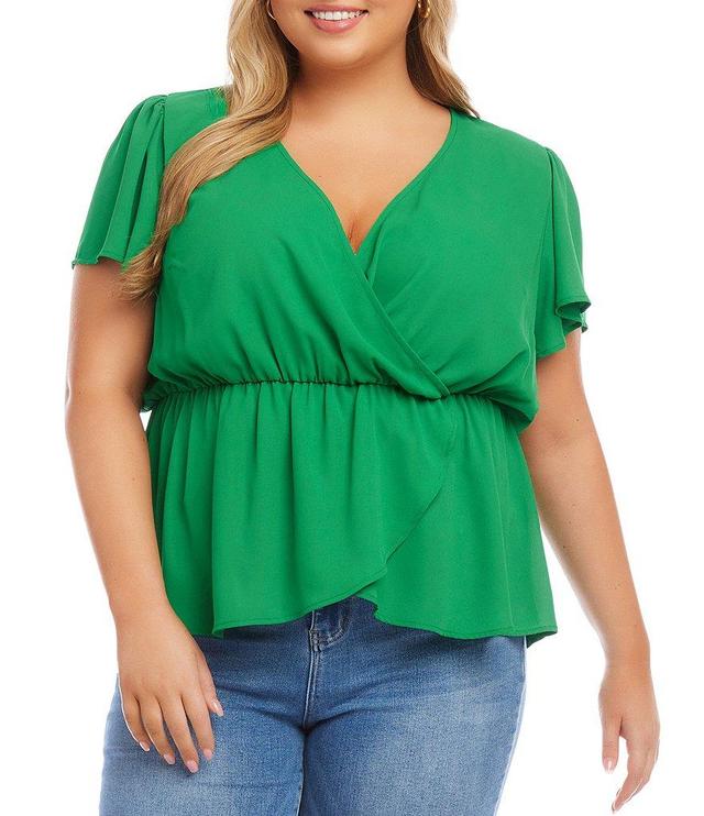 Karen Kane Plus Size Faux Wrap Cinched Elastic Waist Surplice V-Neck Short Flutter Sleeve Top Product Image