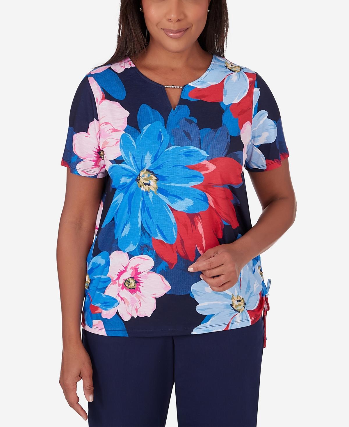 Alfred Dunner Womens All American Dramatic Flower Short Sleeve Top with Ruching Product Image