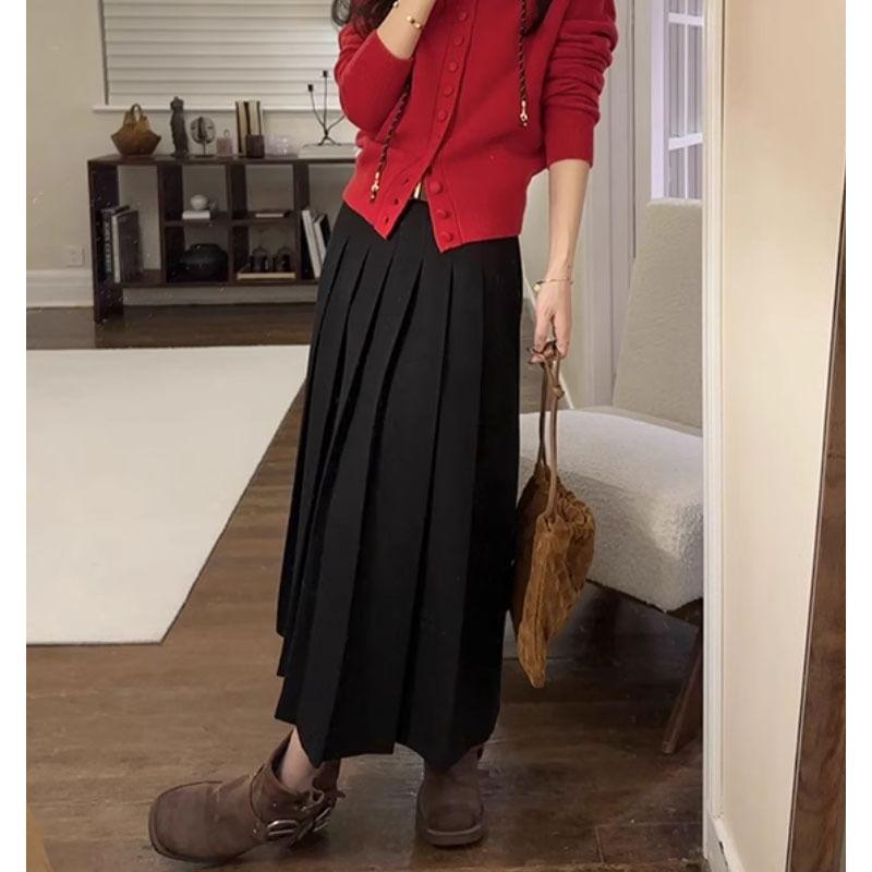 High Rise Plain Pleated Midi A-Line Skirt Product Image