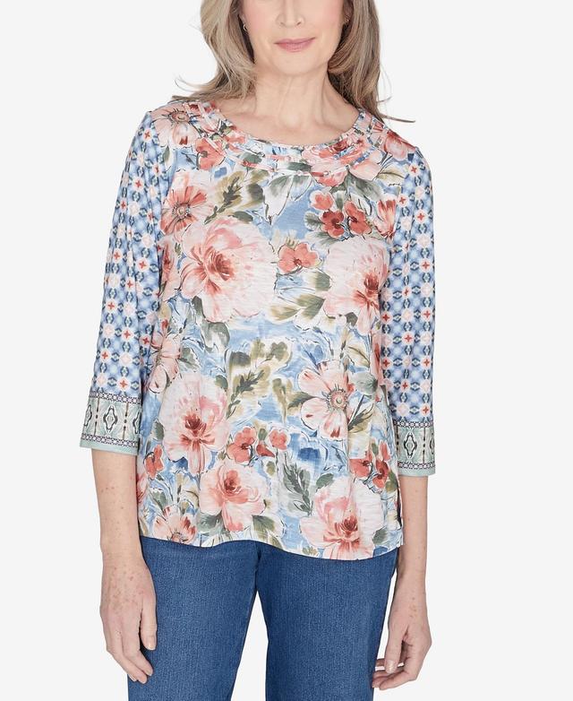 Womens Alfred Dunner Watercolor Floral Geo 3/4-Sleeve Top Product Image