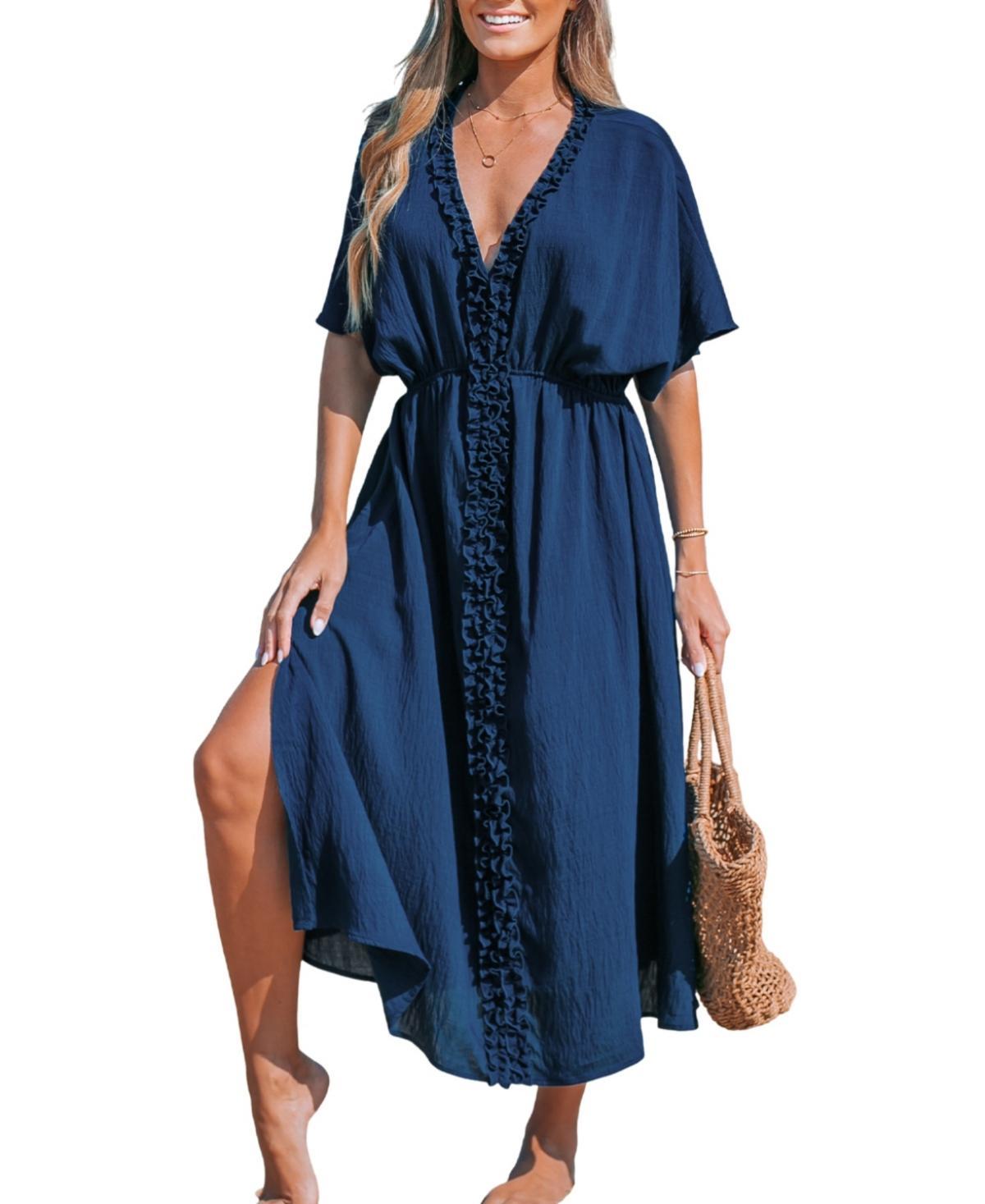 Cupshe Womens Navy Dolman Sleeve Micro-Ruffle Midi Beach Dress Product Image