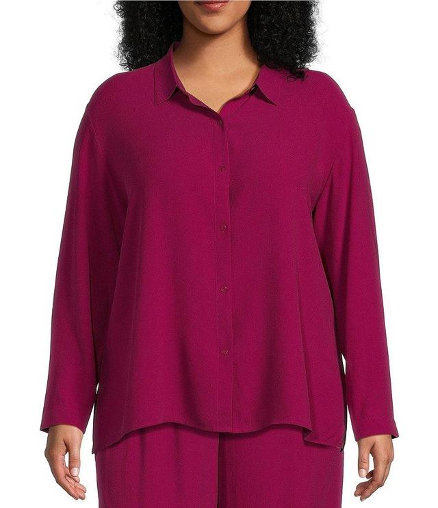 Eileen Fisher Plus Size Silk Georgette Crepe Point Collar Long Sleeve Button-Front Shirt Product Image