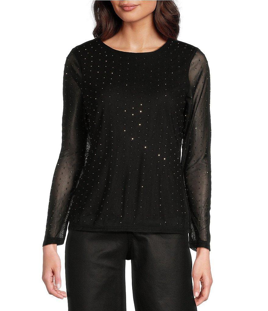 Reba Mesh Hematite Studded Crew Neck Long Sleeve Tee Shirt product image