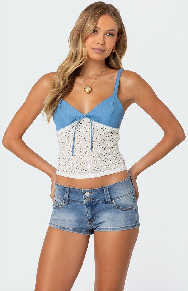 Edikted Women's Denim & Eyelet Tank Top in Blue/White - Product Image