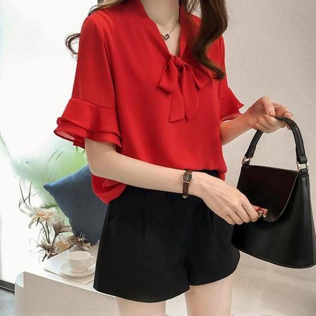 Short-Sleeve Tie-Neck Chiffon Blouse Product Image