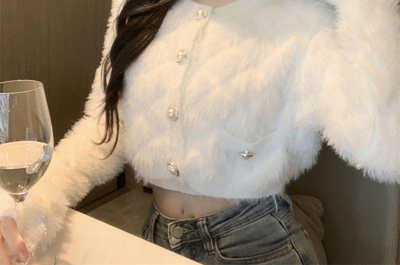 Round Neck Plain Fluffy Cropped Cardigan Product Image