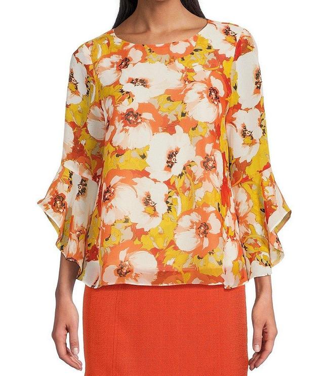 Kasper Petite Floral Printed Crew Neckline Ruffle 3/4 Sleeve Blouse Product Image