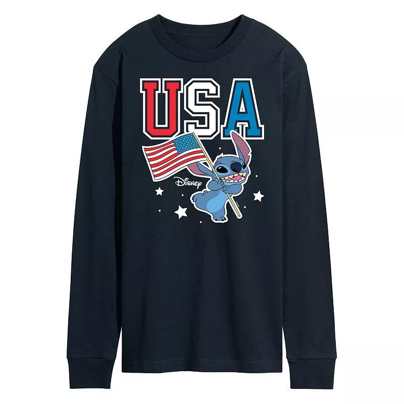 Disneys Lilo and Stitch Mens USA Stitch Long Sleeve Graphic Tee Black Product Image