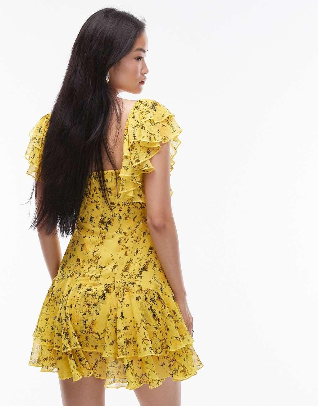 Topshop flutter sleeve mini tea dress in bright yellow print Product Image