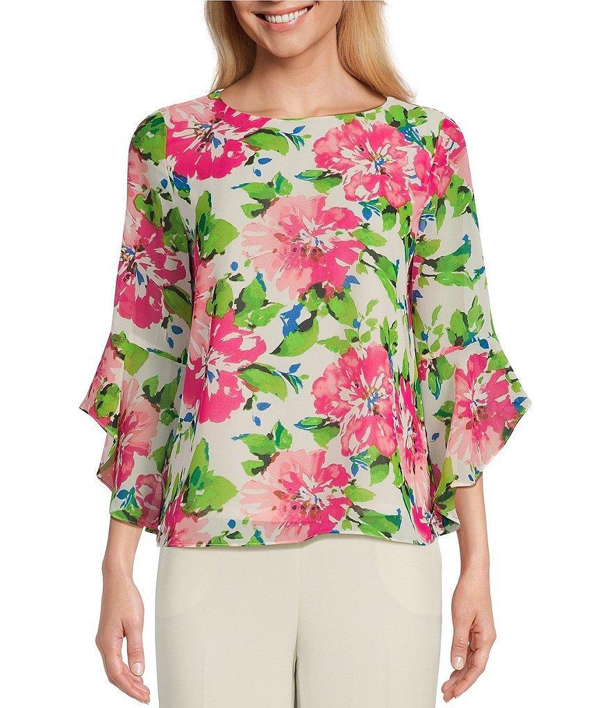 Kasper Floral Print Crew Neckline Ruffle 3/4 Sleeve Blouse Product Image