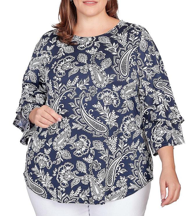 Ruby Rd. Plus Size Paisley Floral Print Knit Scoop Neck Double Flounce Sleeve Top Product Image