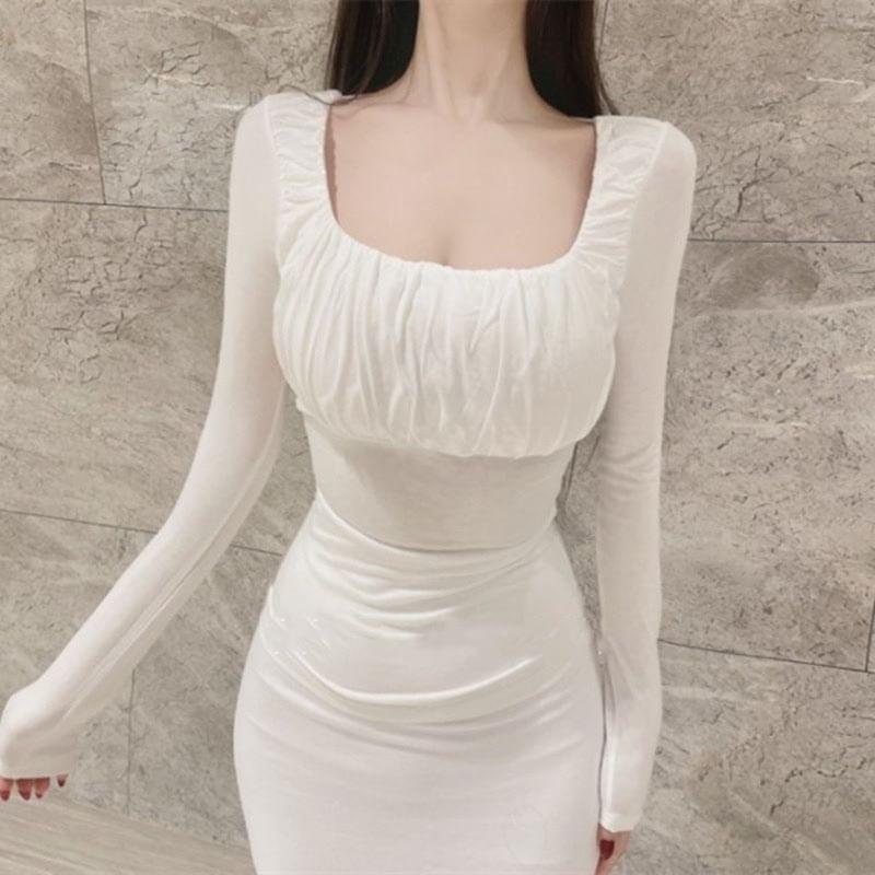 Long-Sleeve Scoop Neck Plain Ruched Tee Product Image