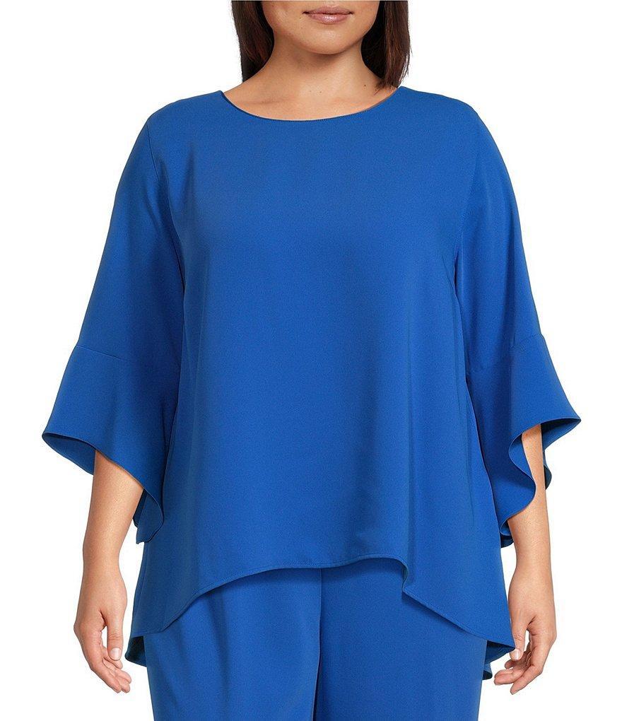 Caroline Rose Plus Size Julia Matte Crepe Round Neck 3/4 Ruffled Sleeve High-Low Hem Top Product Image